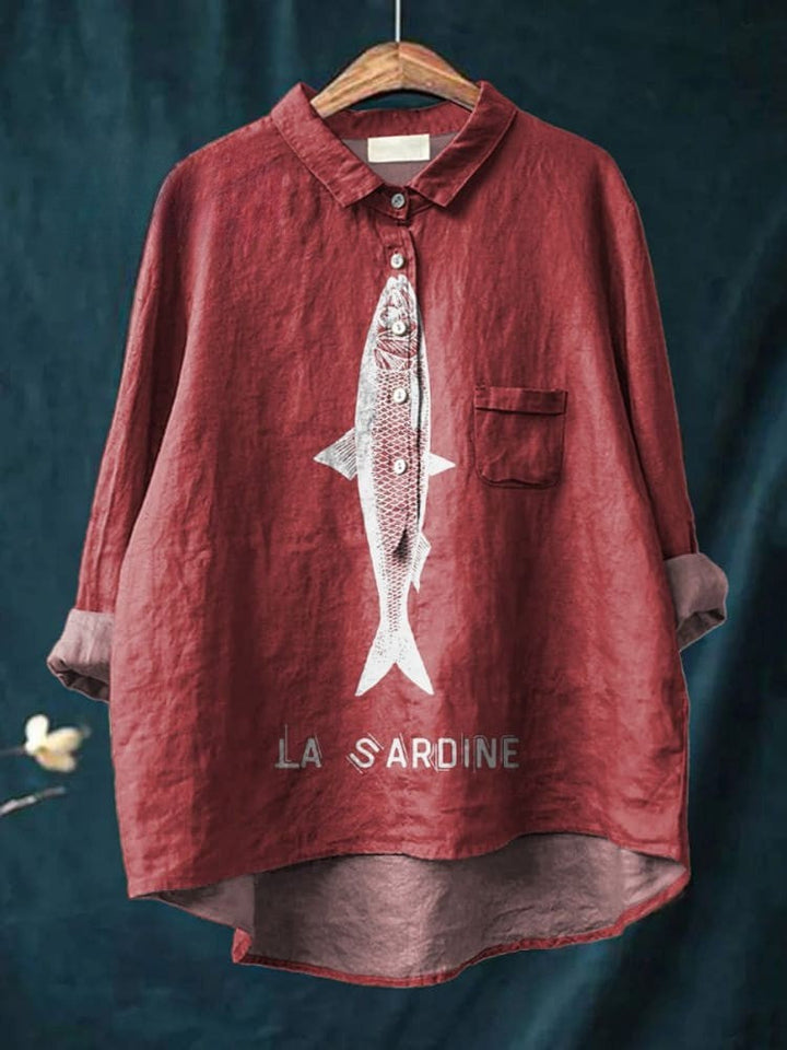 Sardine Fish Graphic Printed Women's Casual  Linen Shirt