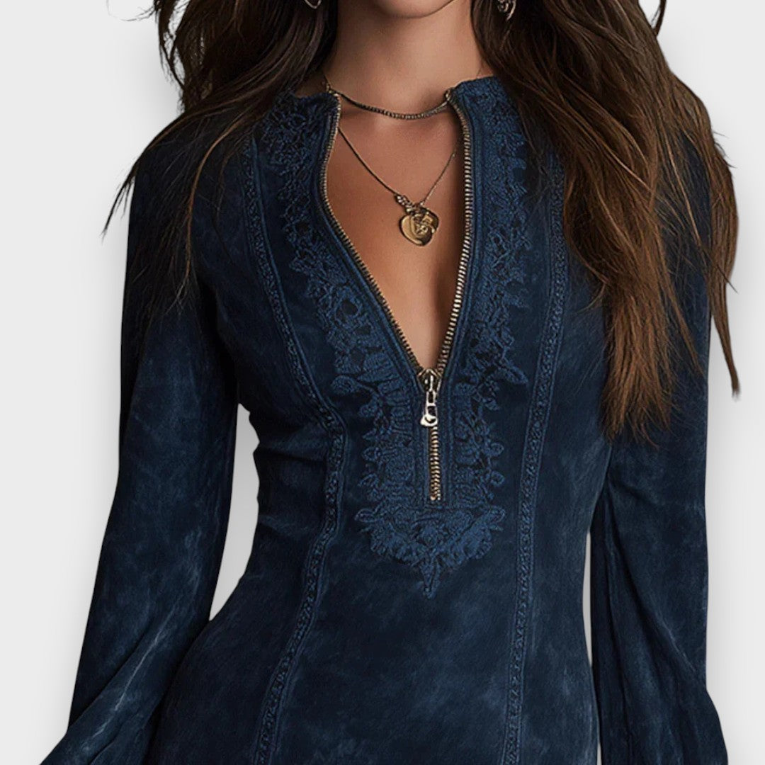 Jane | Blue suede mini dress with lace