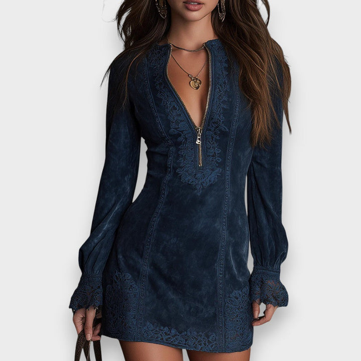Jane | Blue suede mini dress with lace